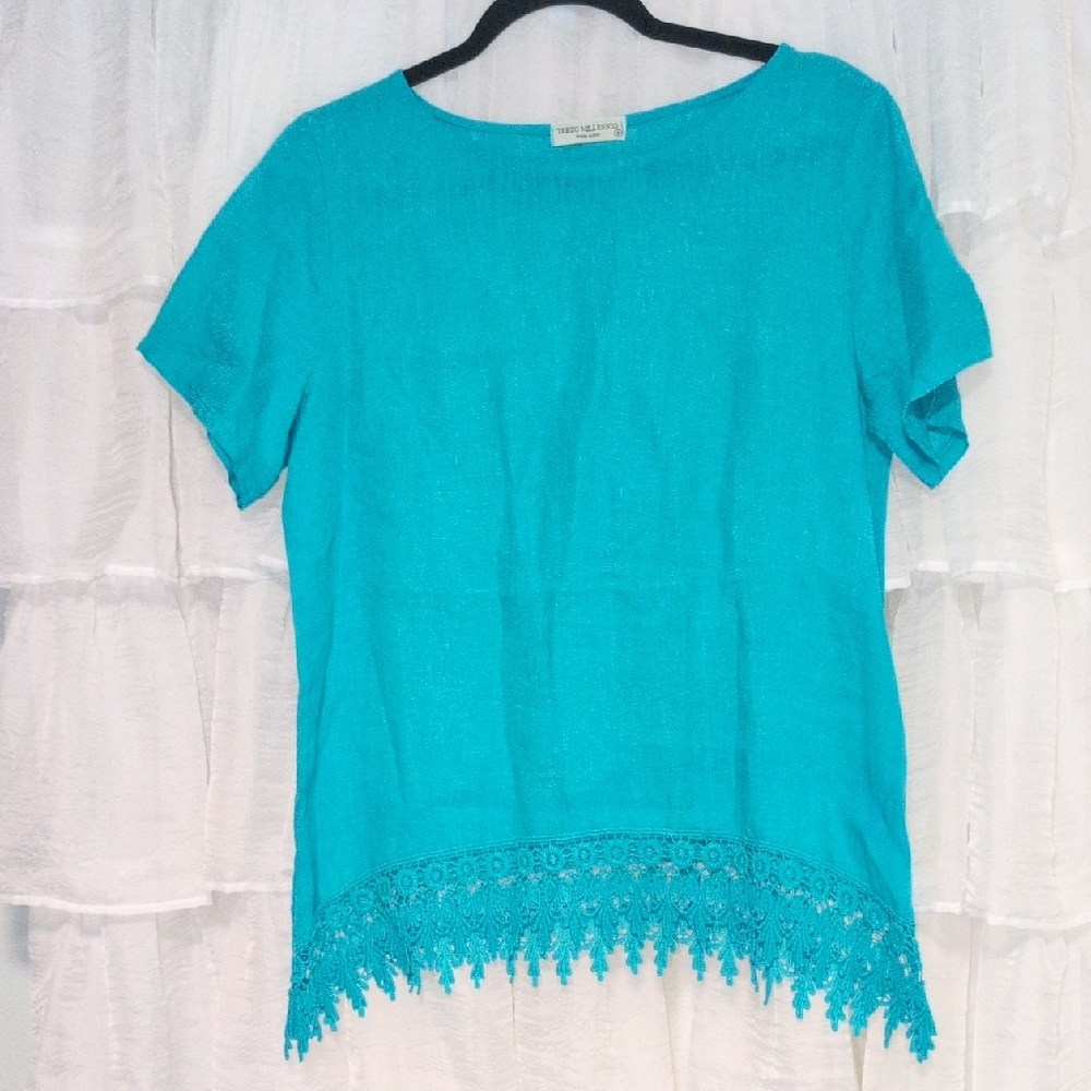 Terzo Millennio Teal Short Sleeve Top with Crochet Lace Hem Small